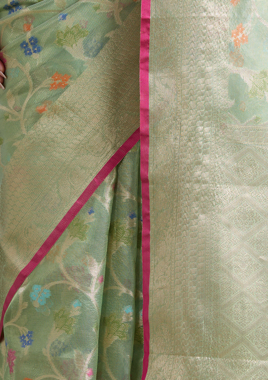 Pista Green Silk Jaal Gold Zariwork Saree With Matching Blouse Piece