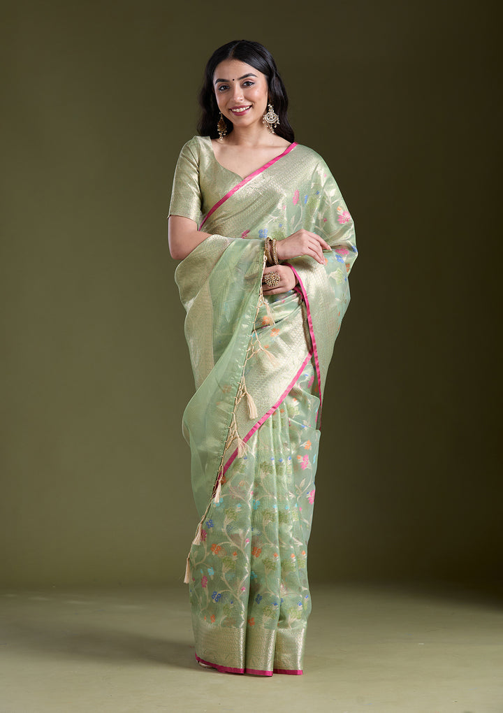 Pista Green Silk Jaal Gold Zariwork Saree With Matching Blouse Piece