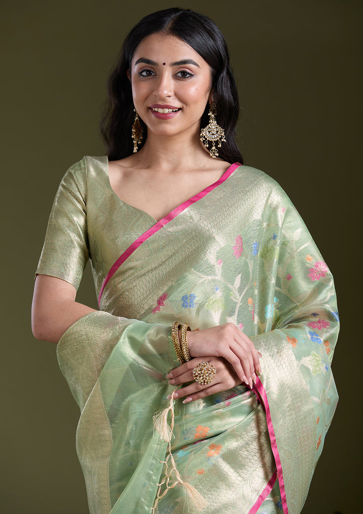 Pista Green Silk Jaal Gold Zariwork Saree With Matching Blouse Piece