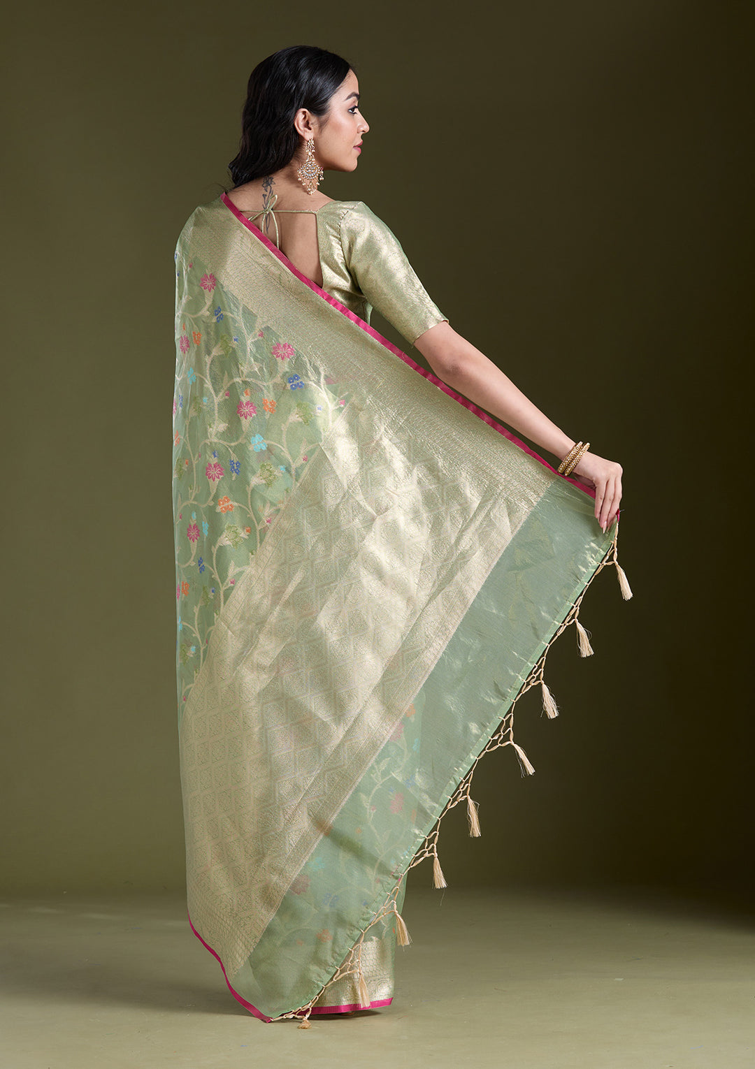 Pista Green Silk Jaal Gold Zariwork Saree With Matching Blouse Piece