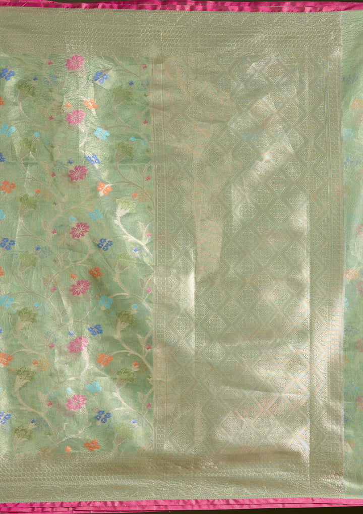 Pista Green Silk Jaal Gold Zariwork Saree With Matching Blouse Piece