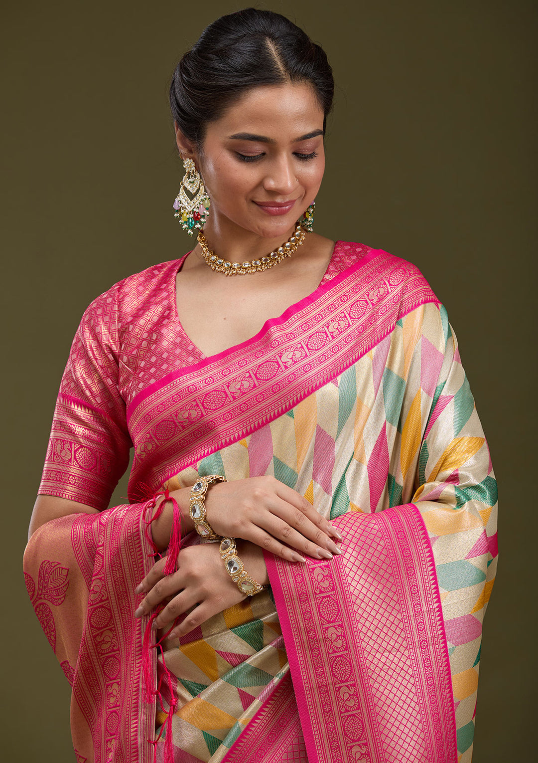 Magenta Pink Satin Jaal Printed Saree With Matching Blouse Piece