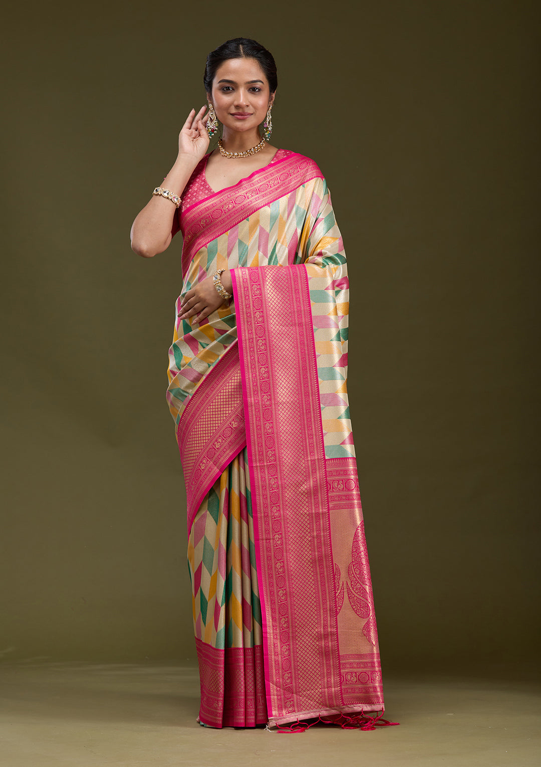 Magenta Pink Satin Jaal Printed Saree With Matching Blouse Piece