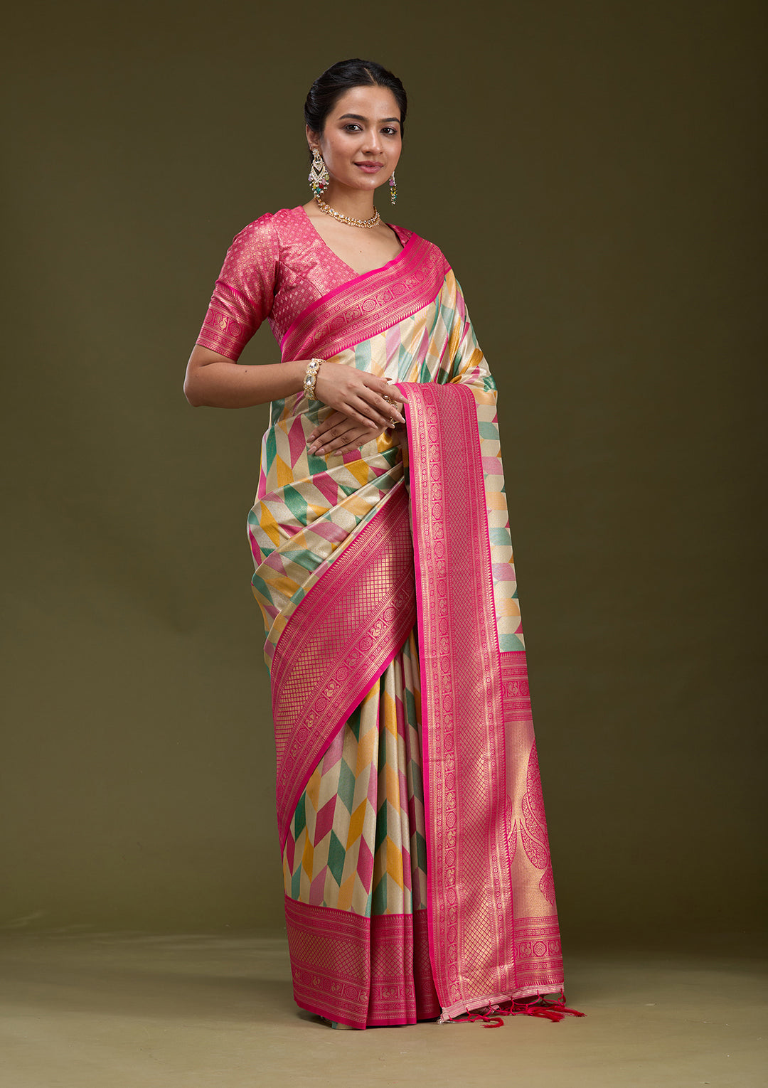 Magenta Pink Satin Jaal Printed Saree With Matching Blouse Piece