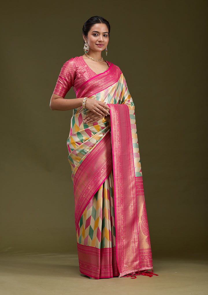 Magenta Pink Satin Jaal Printed Saree With Matching Blouse Piece