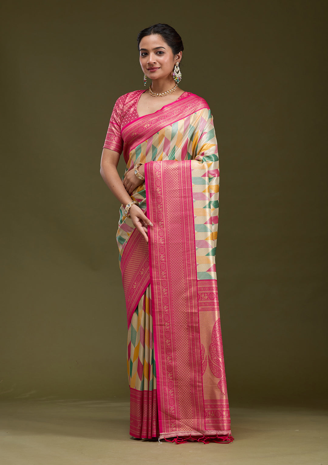 Magenta Pink Satin Jaal Printed Saree With Matching Blouse Piece