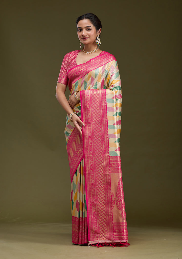 Magenta Pink Satin Jaal Printed Saree With Matching Blouse Piece