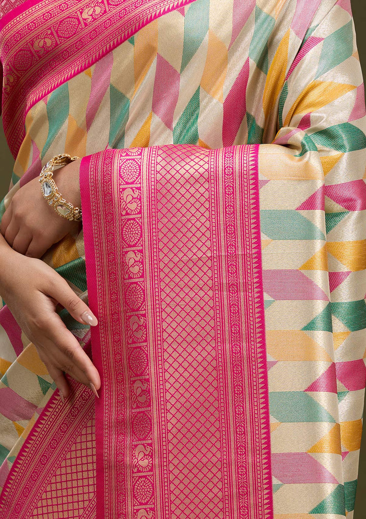 Magenta Pink Satin Jaal Printed Saree With Matching Blouse Piece