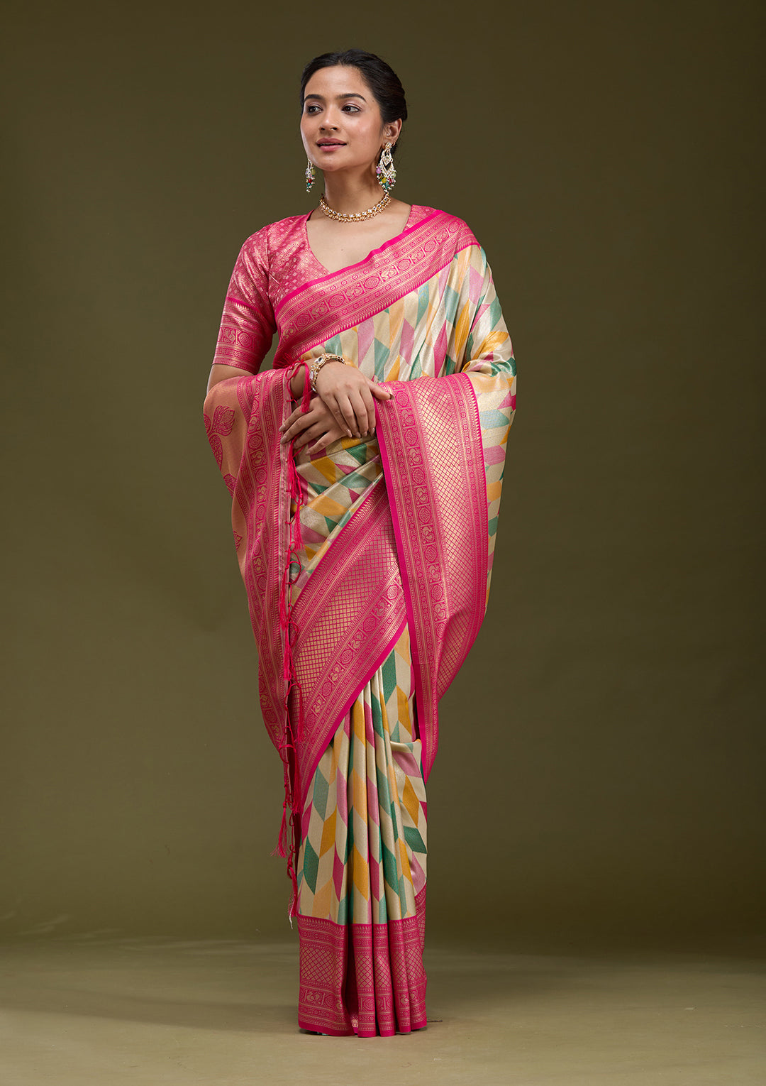 Magenta Pink Satin Jaal Printed Saree With Matching Blouse Piece