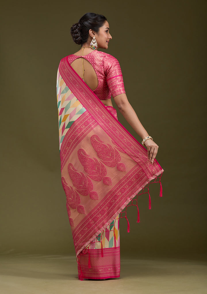Magenta Pink Satin Jaal Printed Saree With Matching Blouse Piece