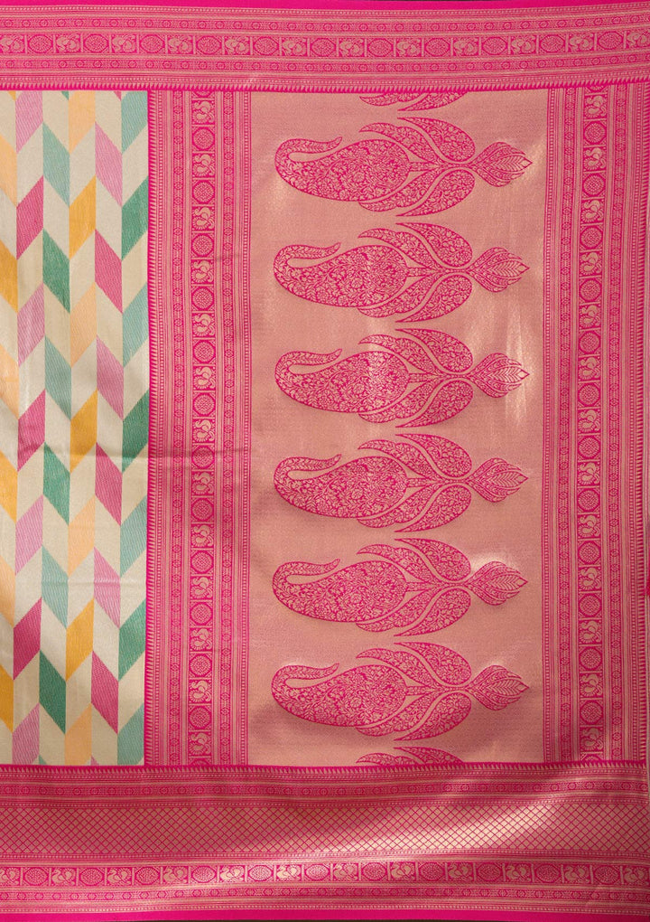 Magenta Pink Satin Jaal Printed Saree With Matching Blouse Piece