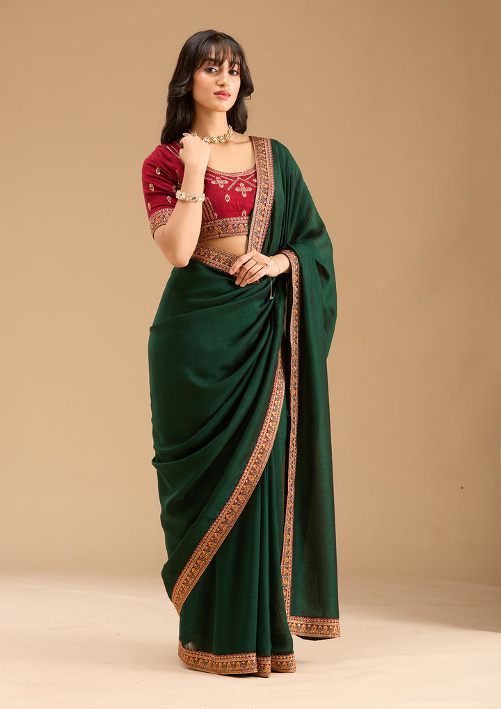 Bottle Green Gold Zariwork Soft Raw Silk Saree
