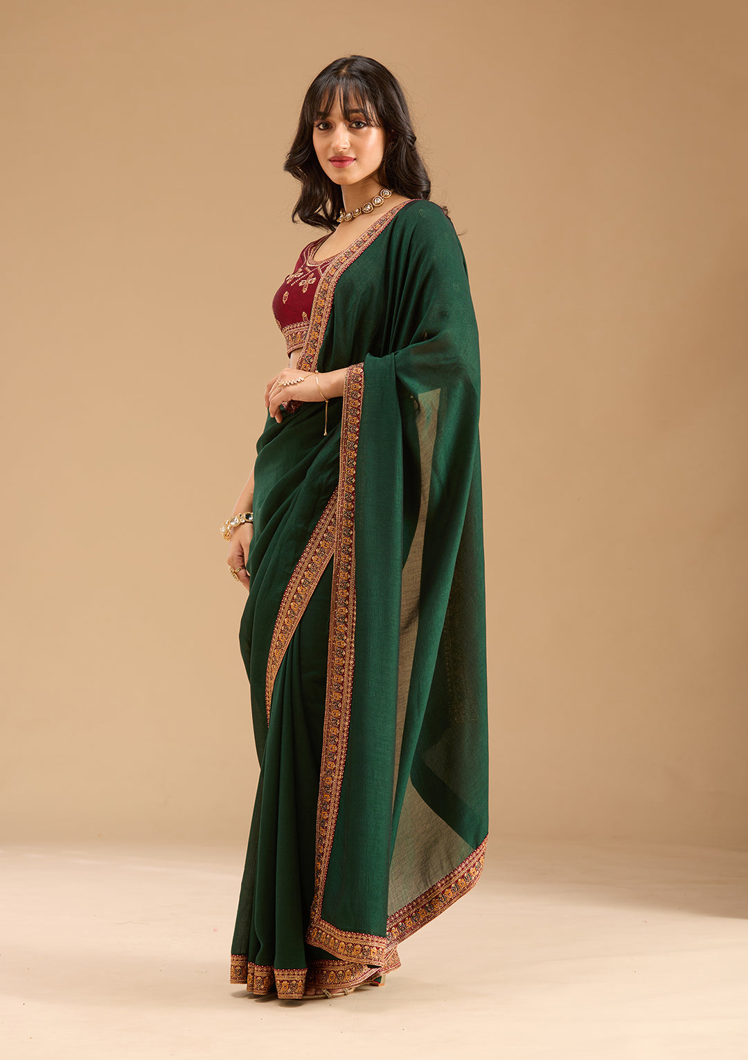 Bottle Green Gold Zariwork Soft Raw Silk Saree