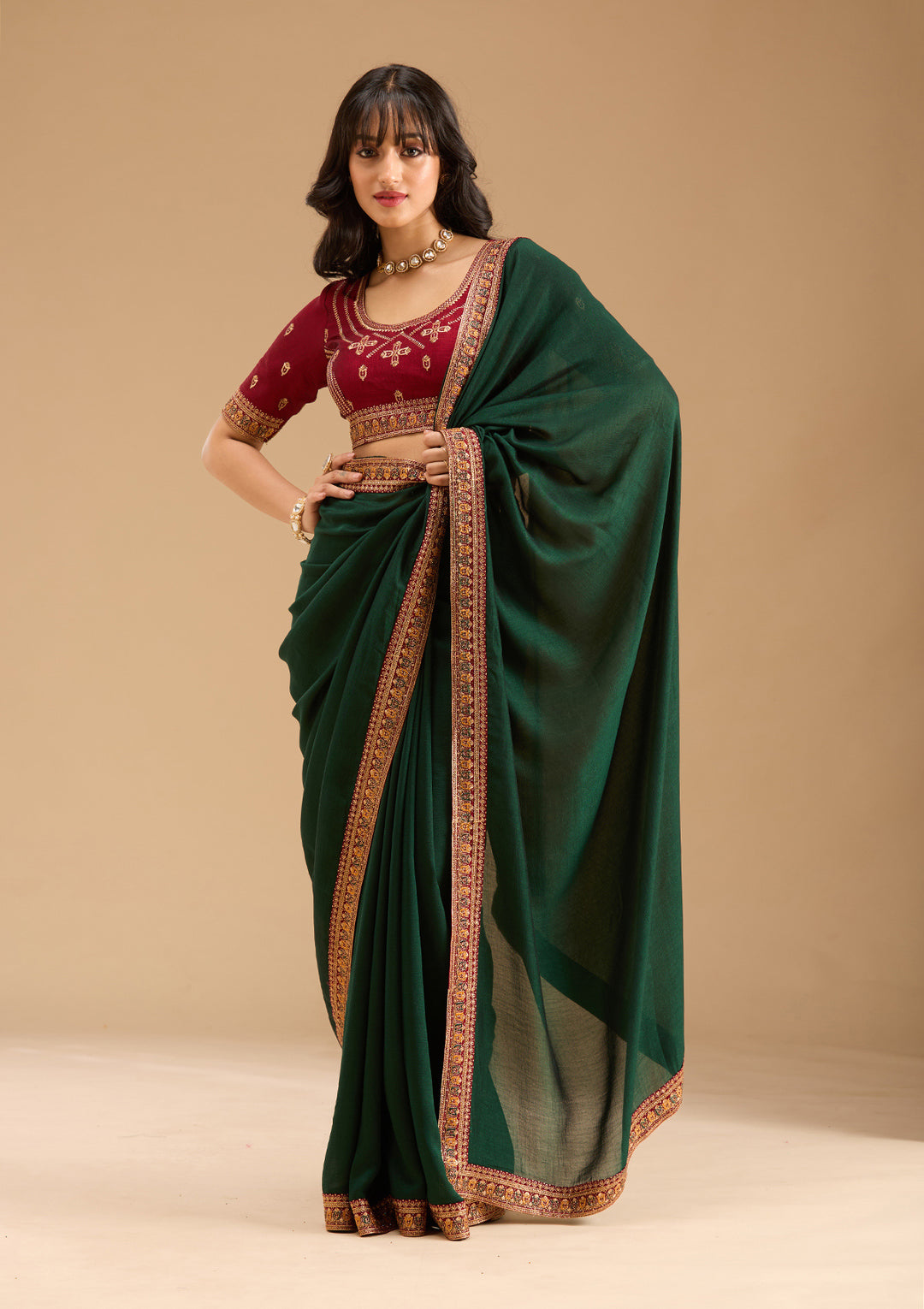 Bottle Green Gold Zariwork Soft Raw Silk Saree