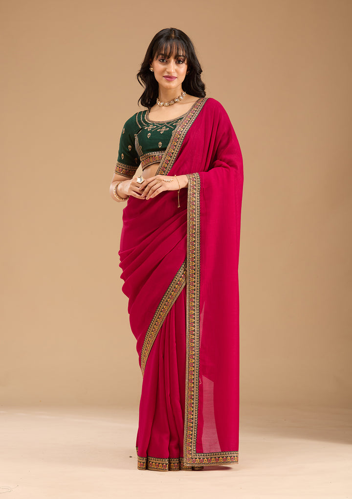 Rani Pink Gold Zariwork Soft Raw Silk Saree