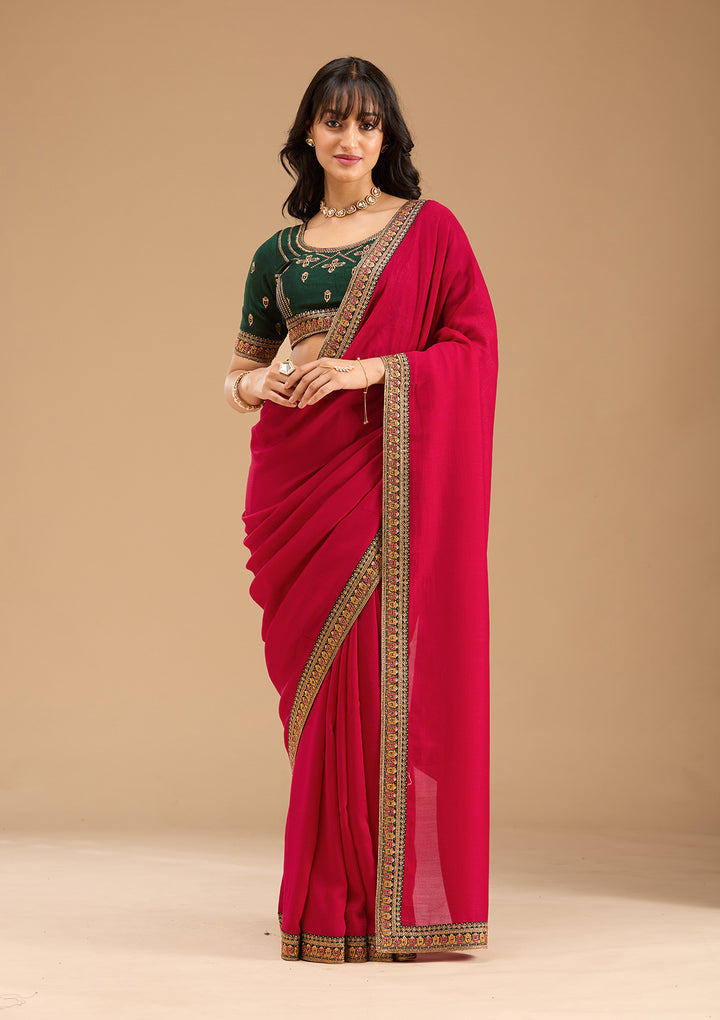 Rani Pink Soft Raw Silk Gold Zariwork Saree With Matching Blouse Piece