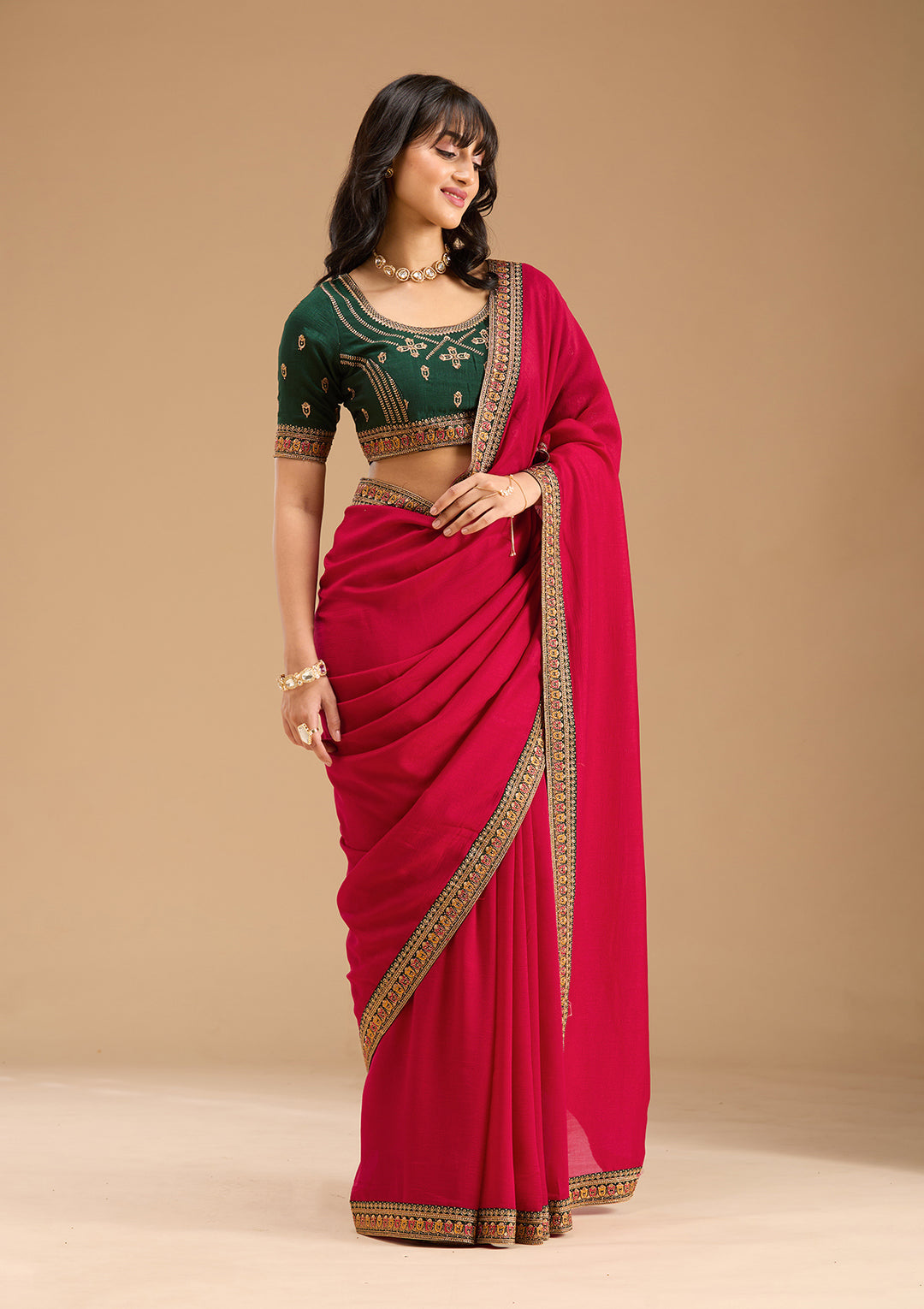 Rani Pink Soft Raw Silk Gold Zariwork Saree With Matching Blouse Piece
