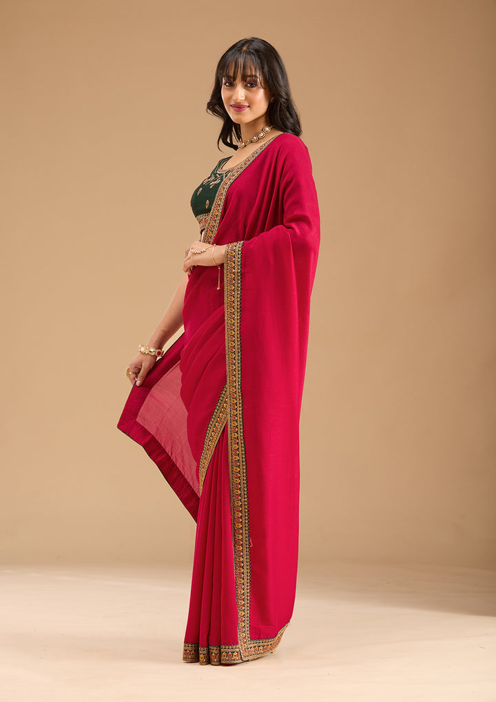 Rani Pink Soft Raw Silk Gold Zariwork Saree With Matching Blouse Piece