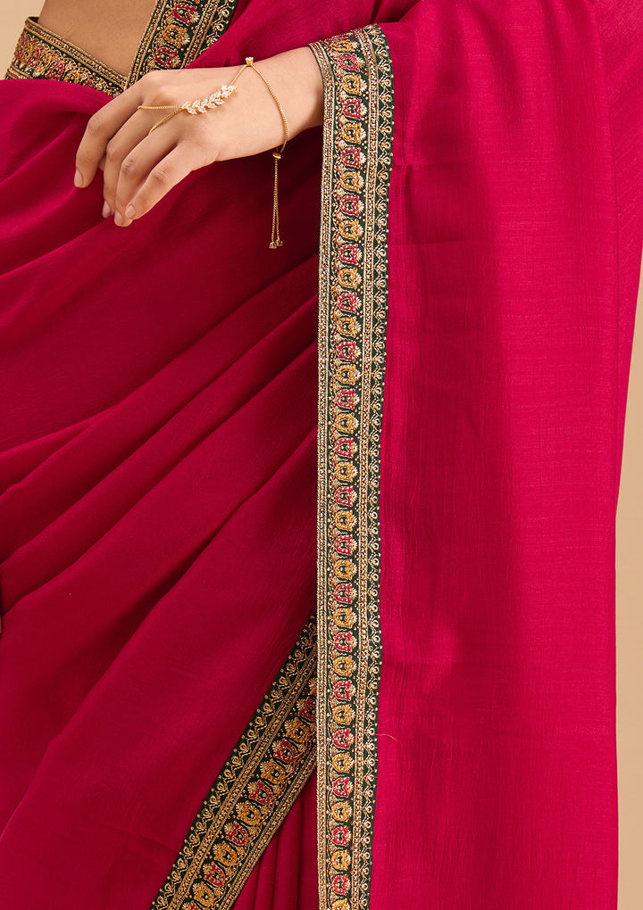 Rani Pink Gold Zariwork Soft Raw Silk Saree