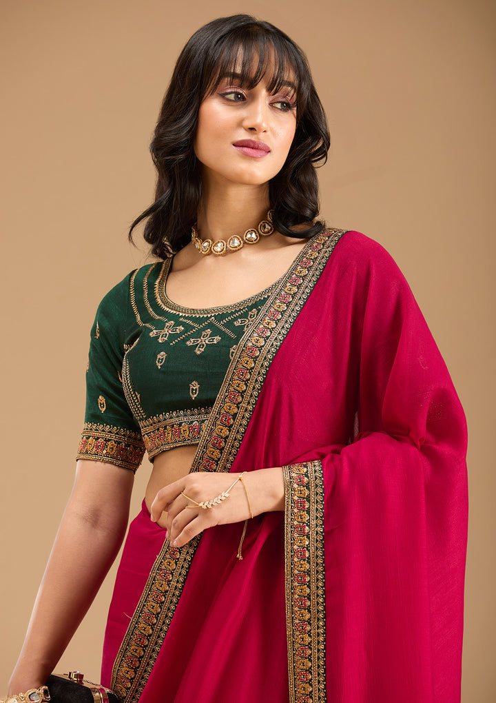 Rani Pink Gold Zariwork Soft Raw Silk Saree