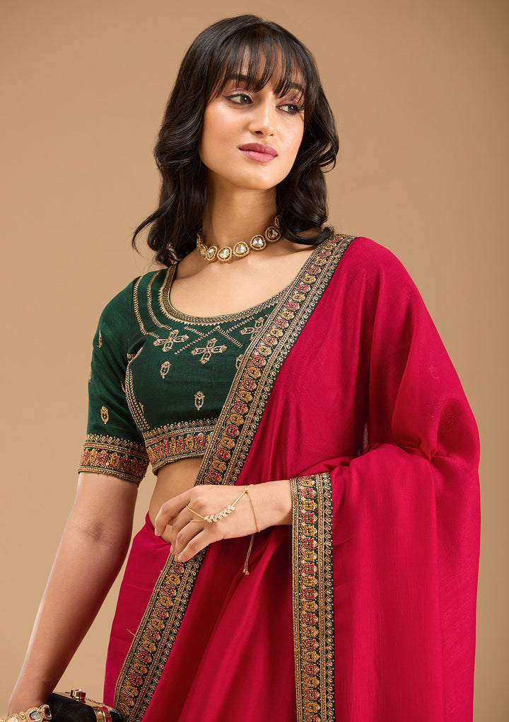 Rani Pink Soft Raw Silk Gold Zariwork Saree With Matching Blouse Piece
