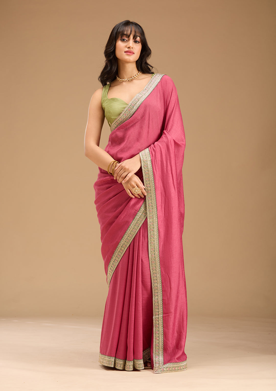 Onion Pink Soft Raw Silk Gold Zariwork Saree With Matching Blouse Piece