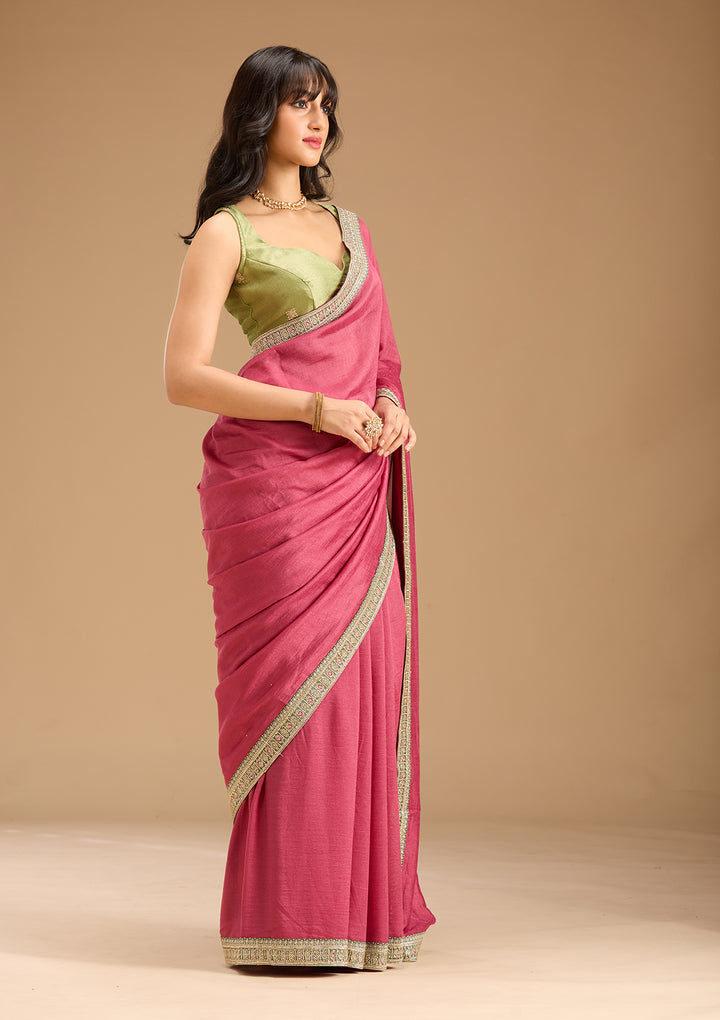 Onion Pink Soft Raw Silk Gold Zariwork Saree With Matching Blouse Piece