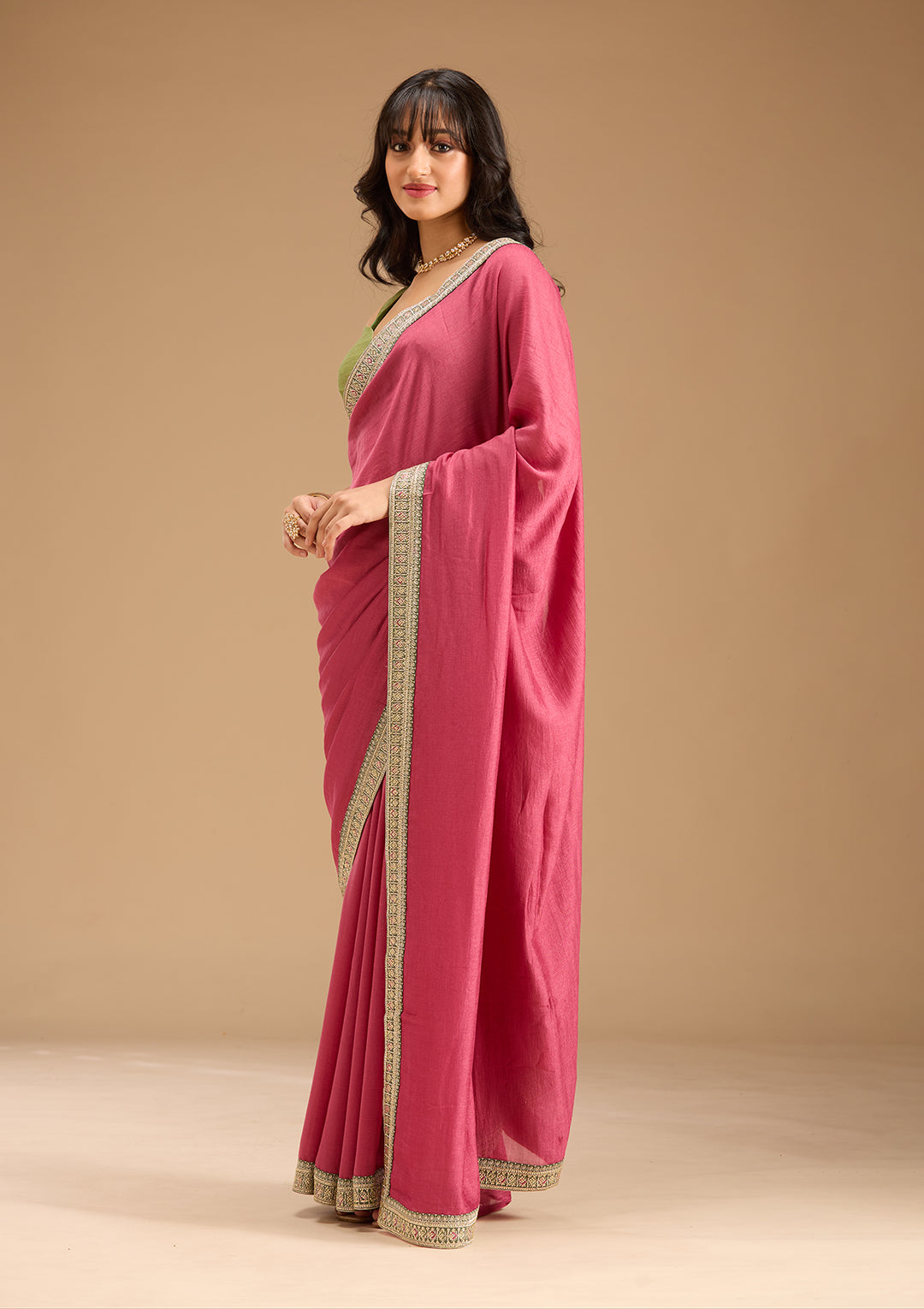 Onion Pink Soft Raw Silk Gold Zariwork Saree With Matching Blouse Piece