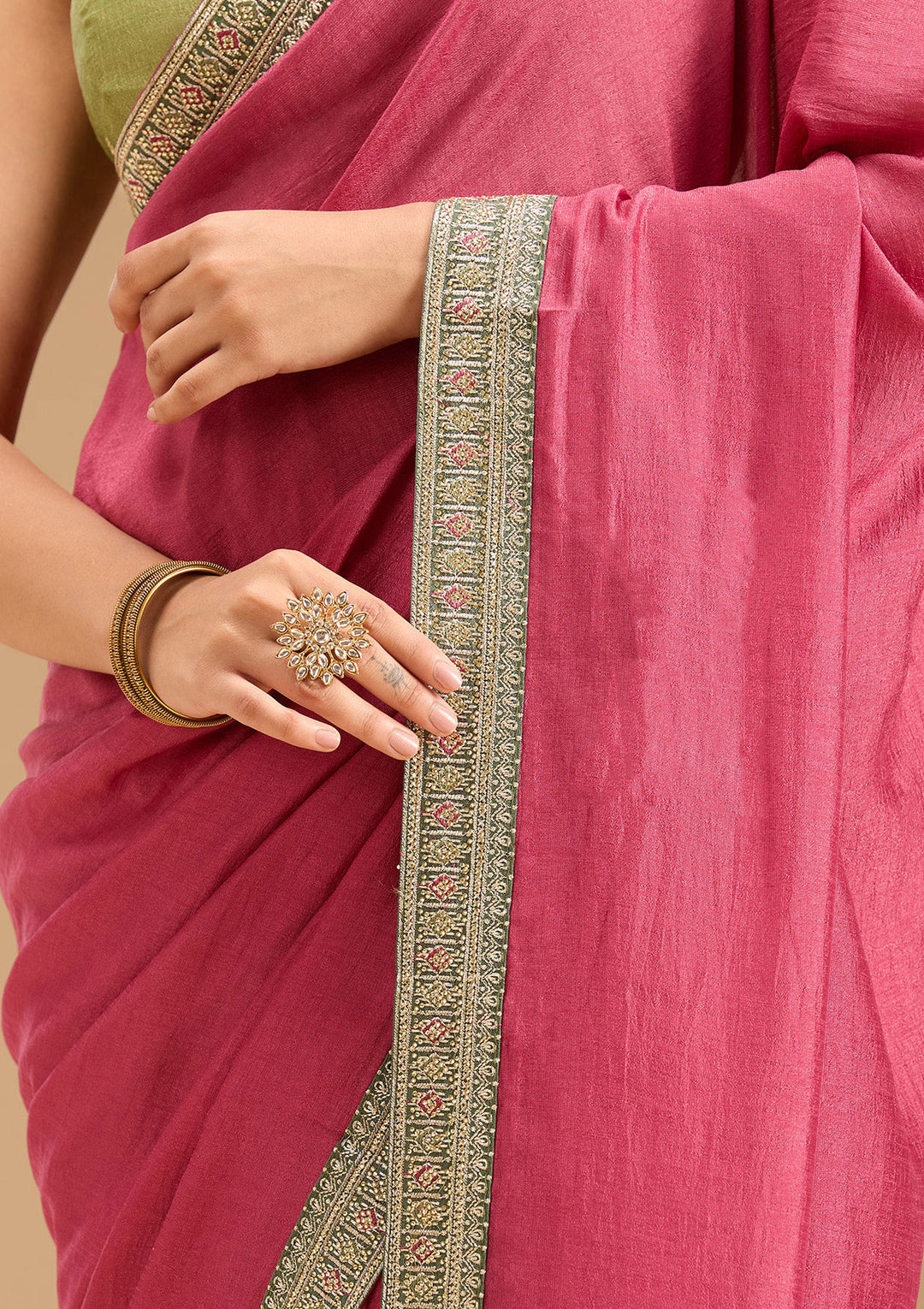 Onion Pink Soft Raw Silk Gold Zariwork Saree With Matching Blouse Piece