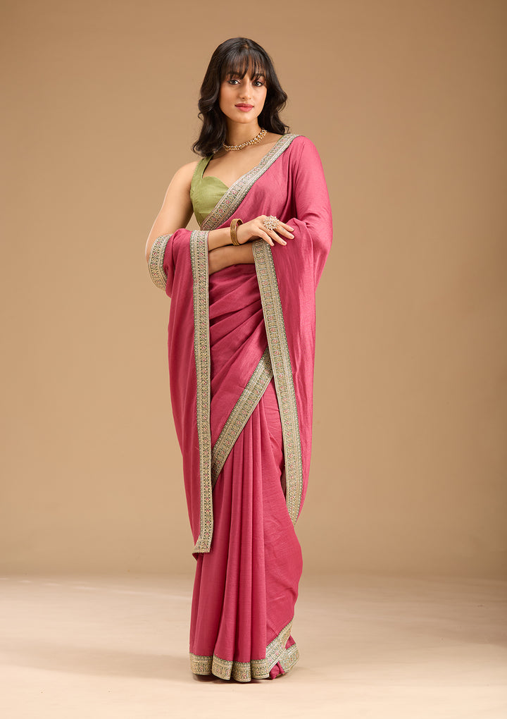 Onion Pink Soft Raw Silk Gold Zariwork Saree With Matching Blouse Piece