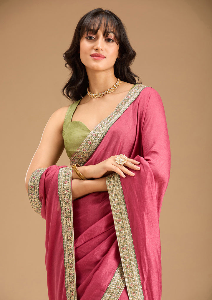 Onion Pink Soft Raw Silk Gold Zariwork Saree With Matching Blouse Piece