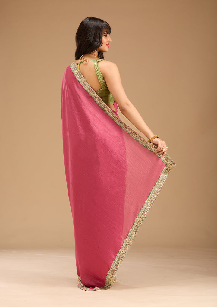Onion Pink Soft Raw Silk Gold Zariwork Saree With Matching Blouse Piece