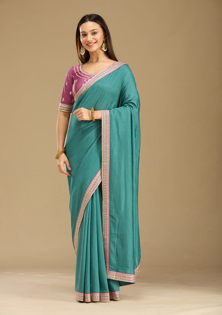 Sea Green Zariwork (Gold) Soft Raw Silk Saree