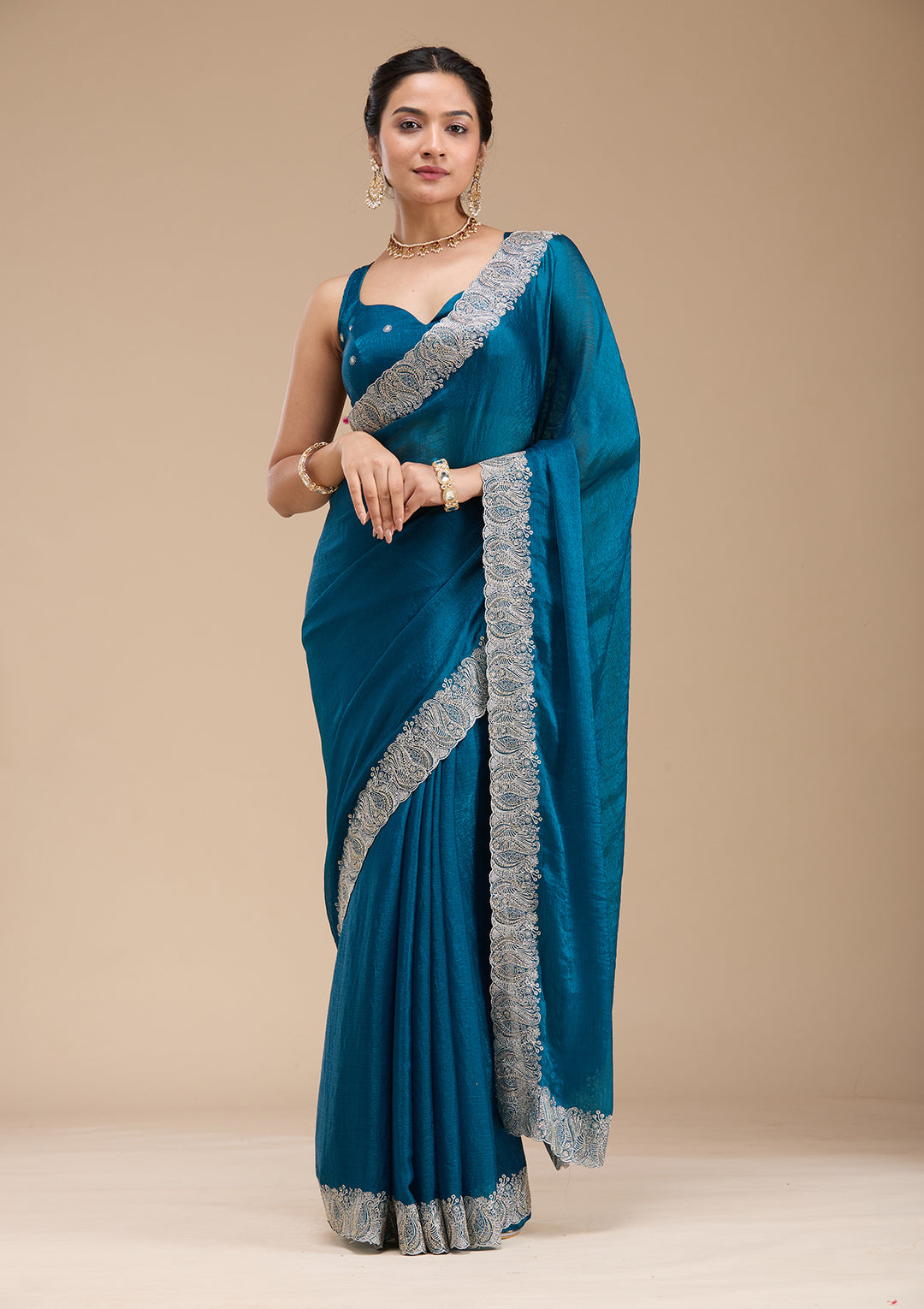 Peacock Blue Chiffon Silver Zariwork Saree With Matching Blouse Piece