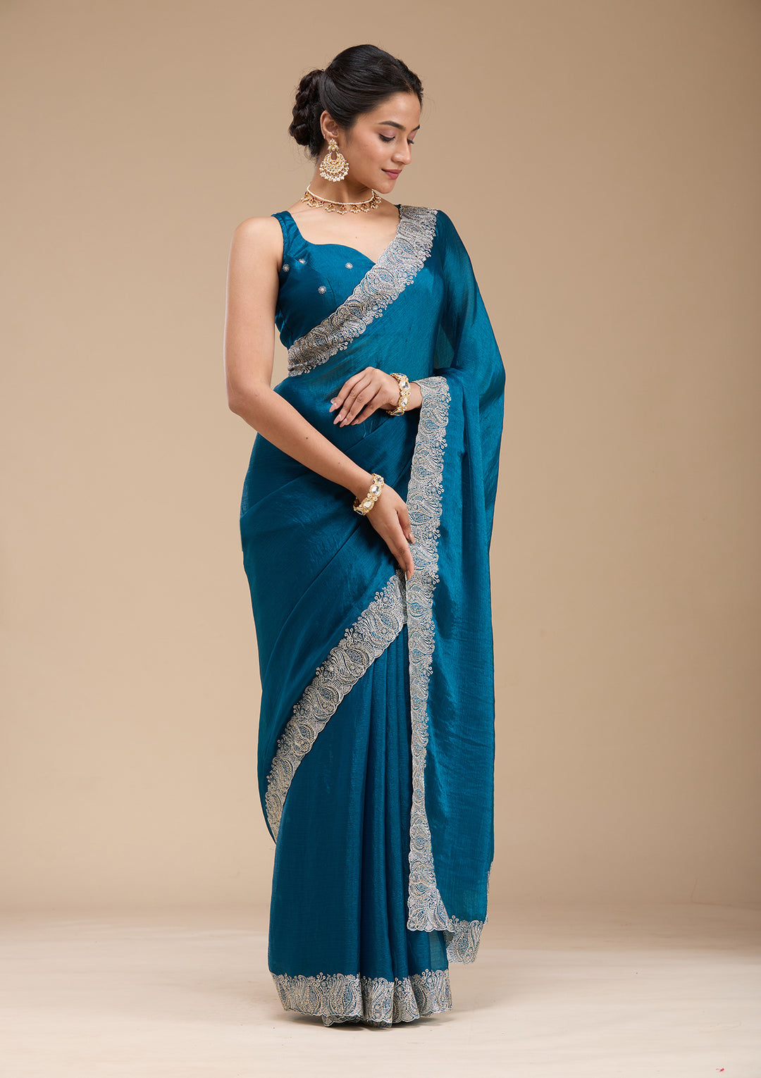 Peacock Blue Chiffon Silver Zariwork Saree With Matching Blouse Piece