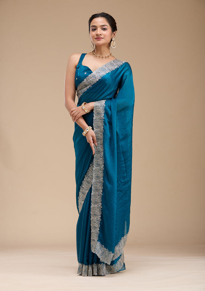 Peacock Blue Chiffon Silver Zariwork Saree With Matching Blouse Piece