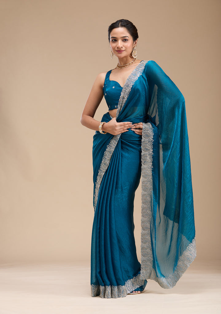 Peacock Blue Chiffon Silver Zariwork Saree With Matching Blouse Piece