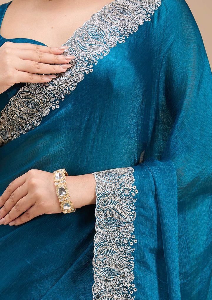 Peacock Blue Chiffon Silver Zariwork Saree With Matching Blouse Piece