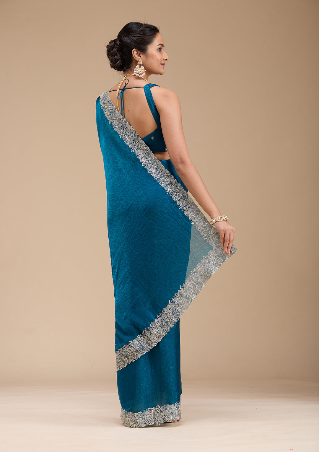 Peacock Blue Chiffon Silver Zariwork Saree With Matching Blouse Piece