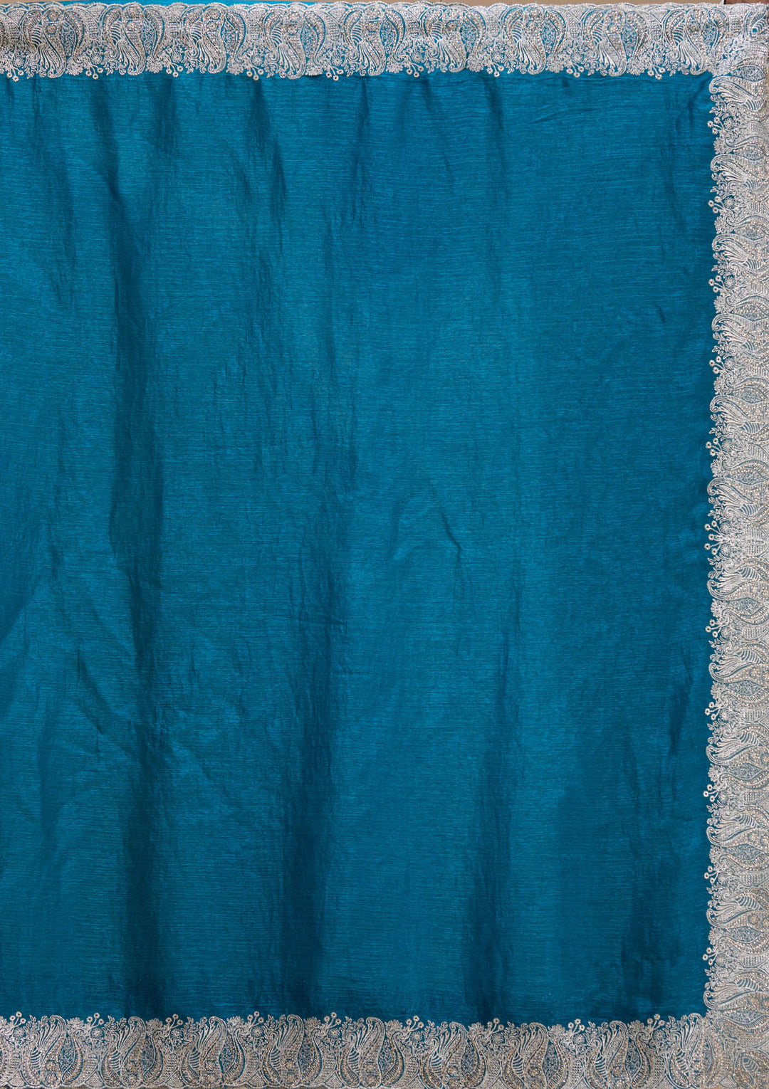 Peacock Blue Chiffon Silver Zariwork Saree With Matching Blouse Piece