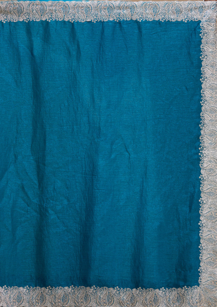 Peacock Blue Chiffon Silver Zariwork Saree With Matching Blouse Piece