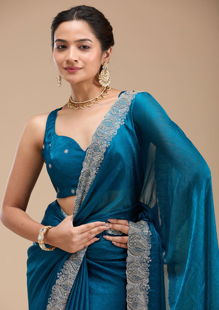 Peacock Blue Chiffon Silver Zariwork Saree With Matching Blouse Piece