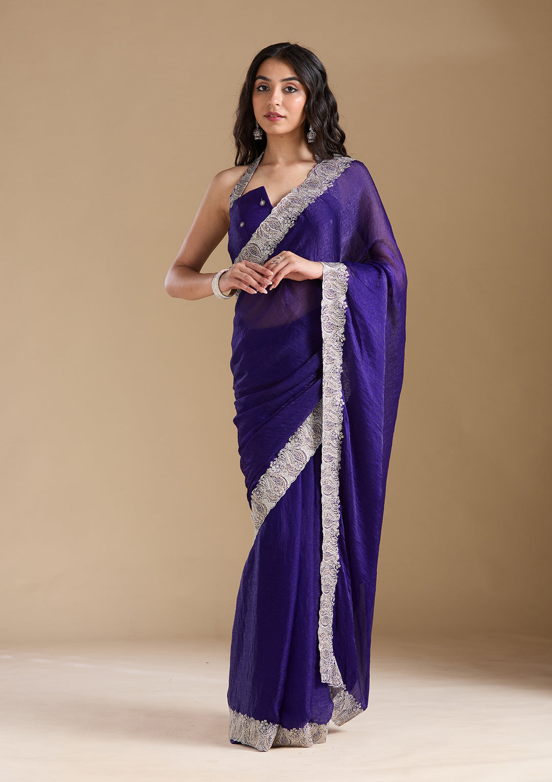 Violet Chiffon Silver Zariwork Saree With Matching Blouse Piece
