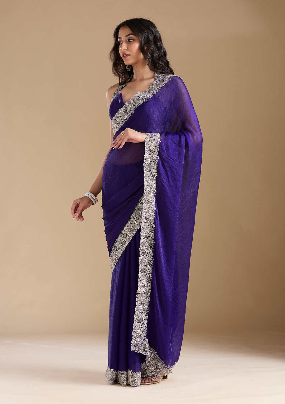 Violet Chiffon Silver Zariwork Saree With Matching Blouse Piece