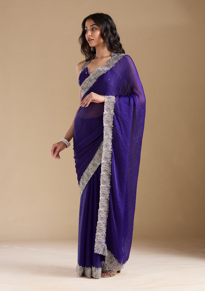 Violet Chiffon Silver Zariwork Saree With Matching Blouse Piece