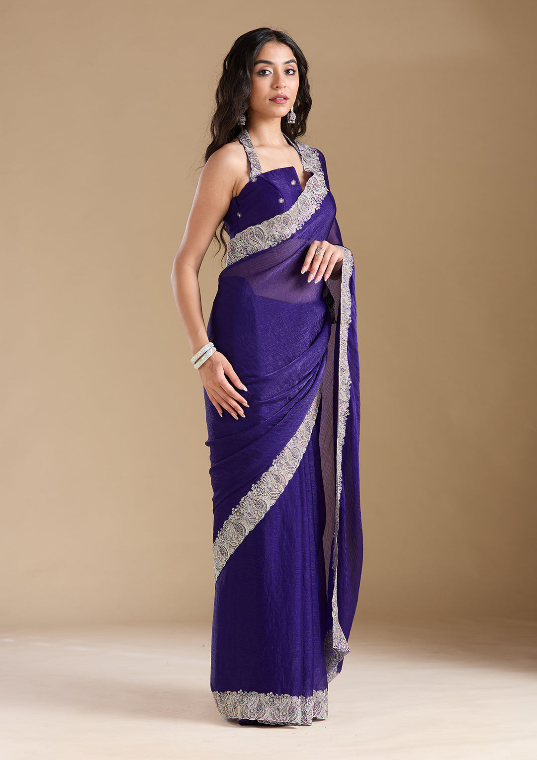Violet Chiffon Silver Zariwork Saree With Matching Blouse Piece