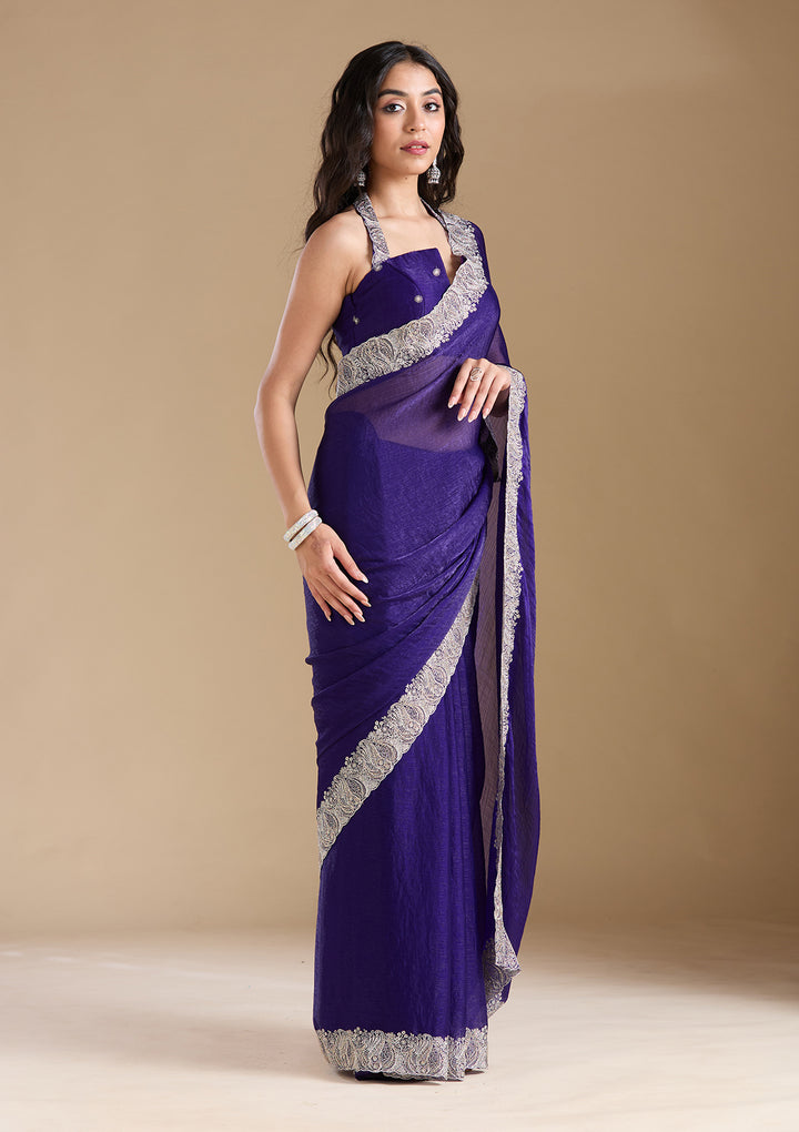 Violet Chiffon Silver Zariwork Saree With Matching Blouse Piece