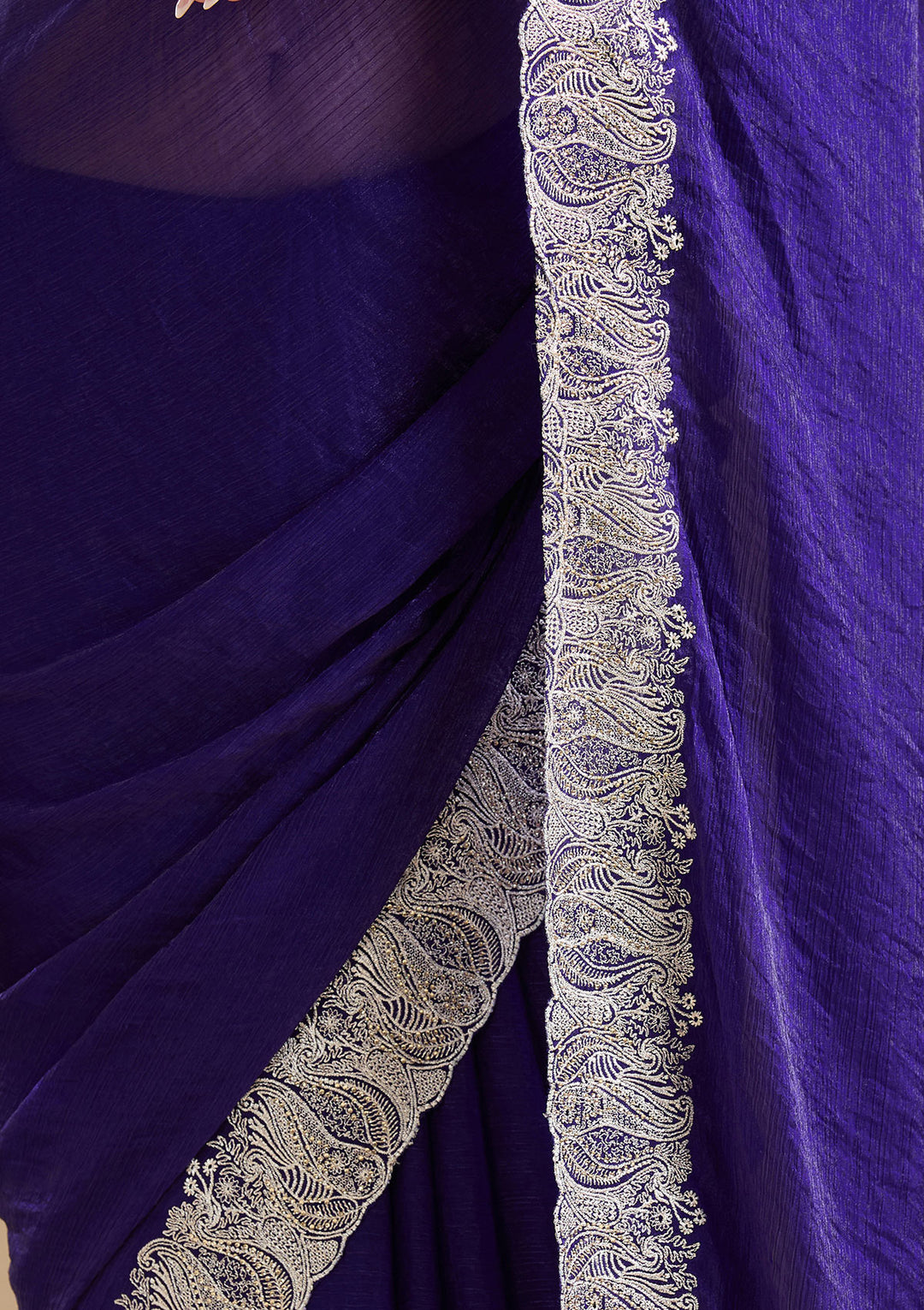 Violet Chiffon Silver Zariwork Saree With Matching Blouse Piece