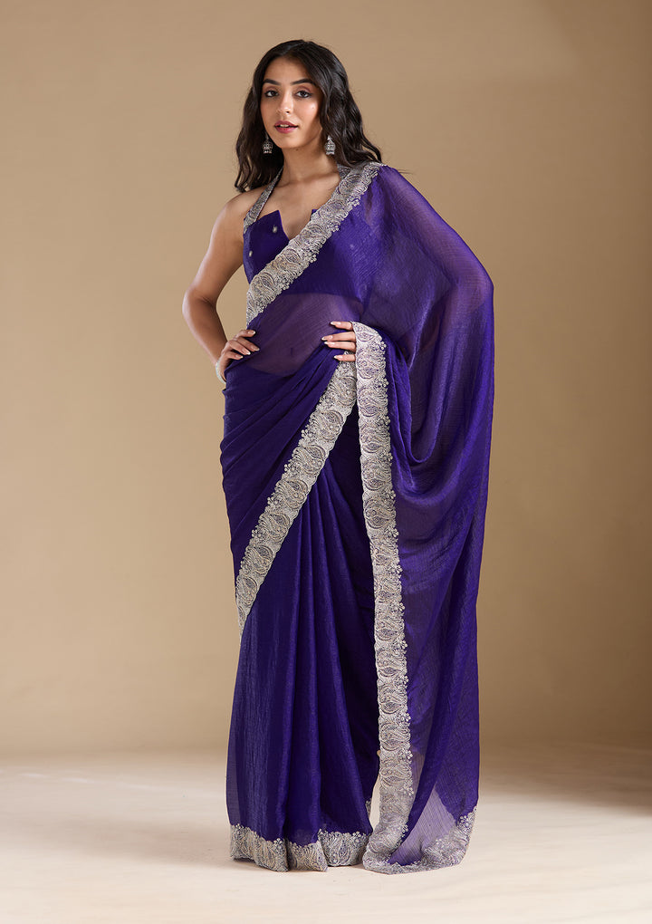 Violet Chiffon Silver Zariwork Saree With Matching Blouse Piece