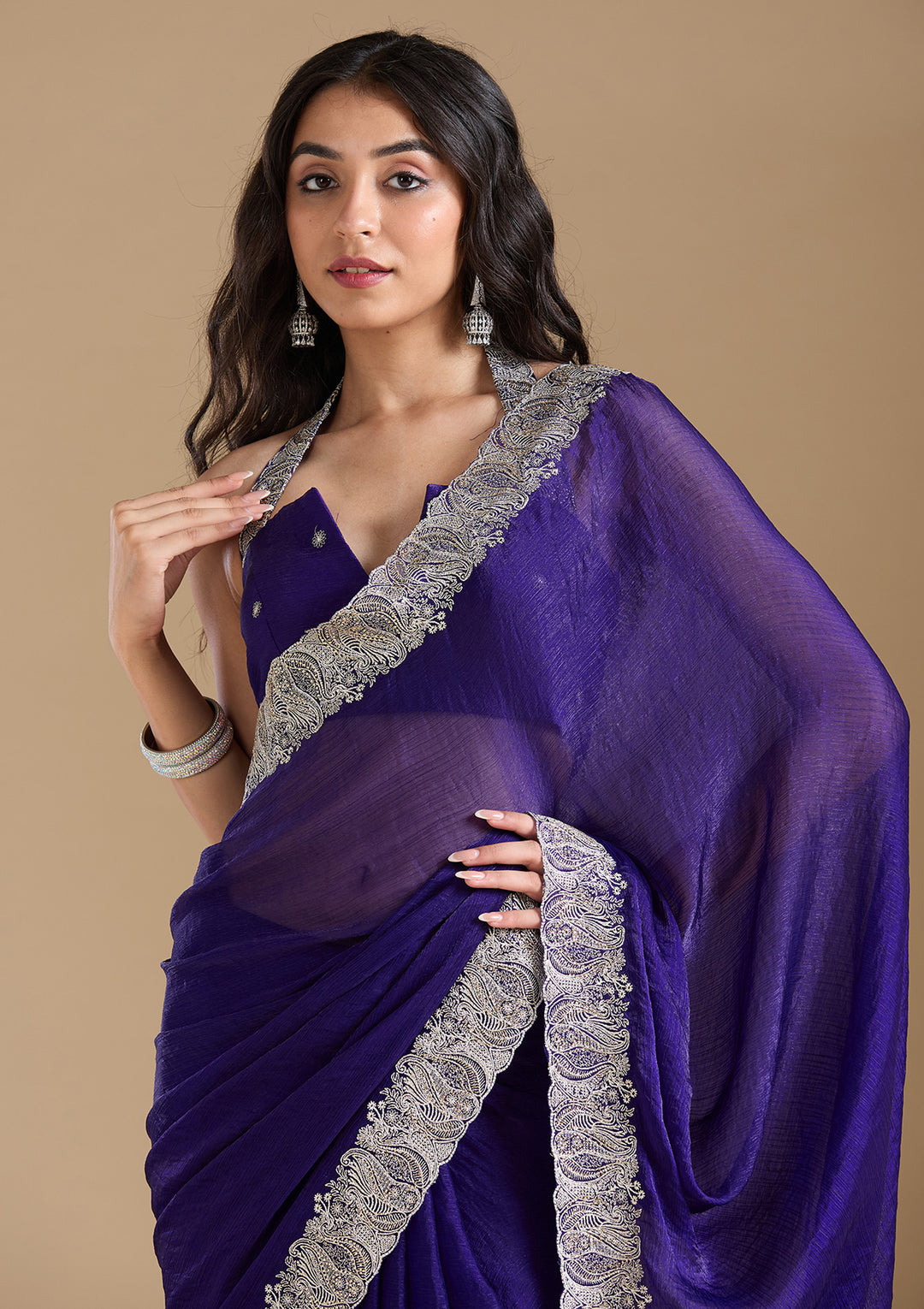 Violet Chiffon Silver Zariwork Saree With Matching Blouse Piece